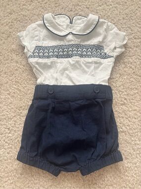 Edgehill Collection White and Navy Smocked One-Piece